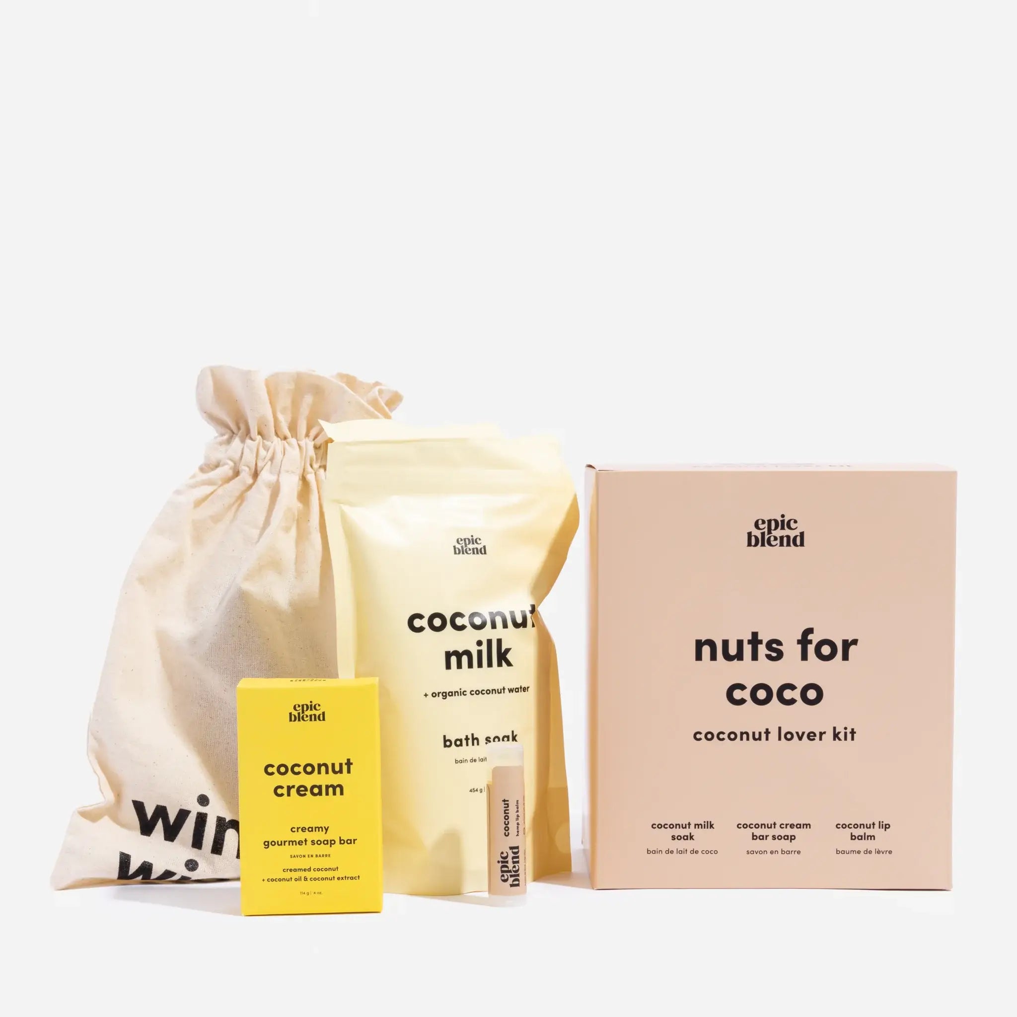 Coconut Lovers Luxury Gift Kit - Bath Soak, Bar Soap, Lip Balm & Reusable Bag (4 pc)